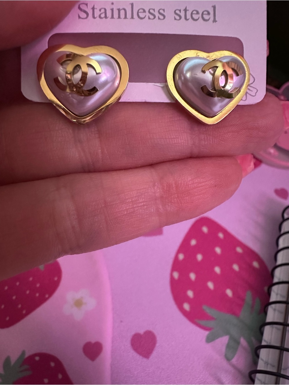 CC Gold Heart Pearl Stud Earrings - Women Jewelry